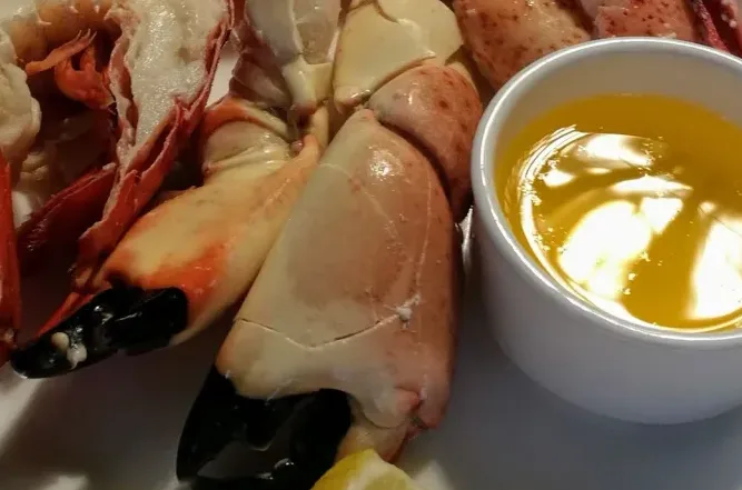 A plate of stone crab claws and half lobster tails