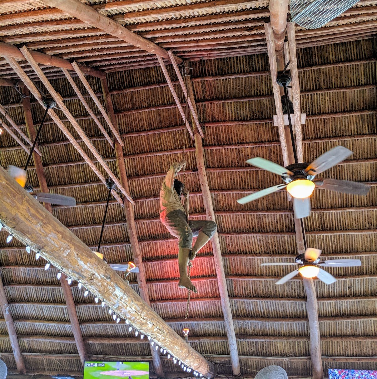 a mannequin simulating a pirate climbing down from the rafters