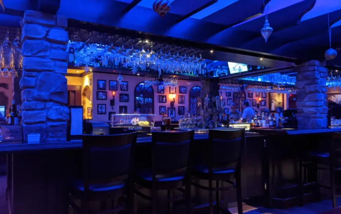 Lounge area stools and bar