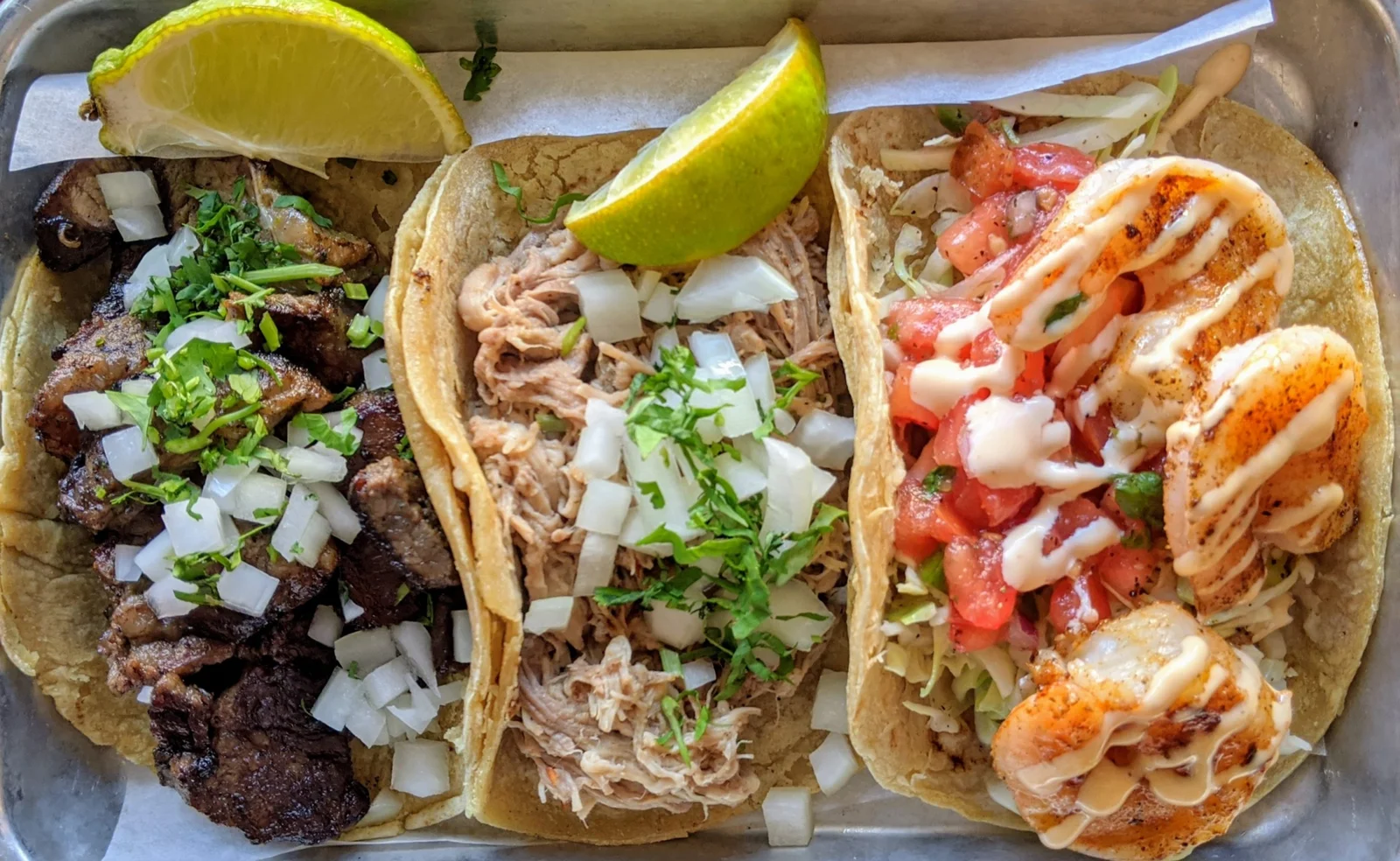 3 tacos, Beef, Chicken, Shrimp