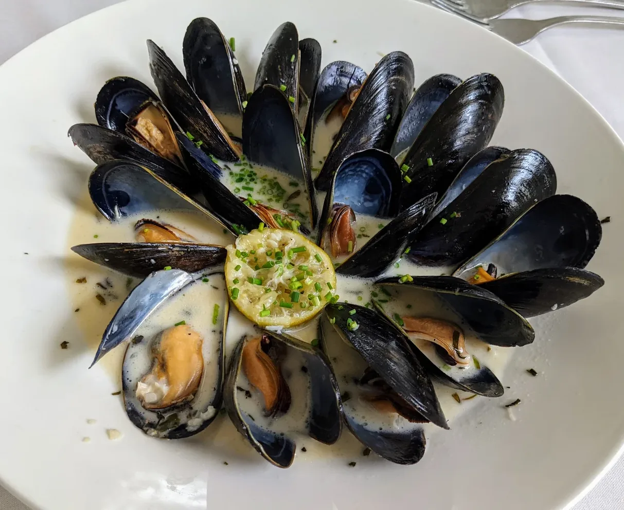 Mussels in a white cream sauce with a lemon garnish