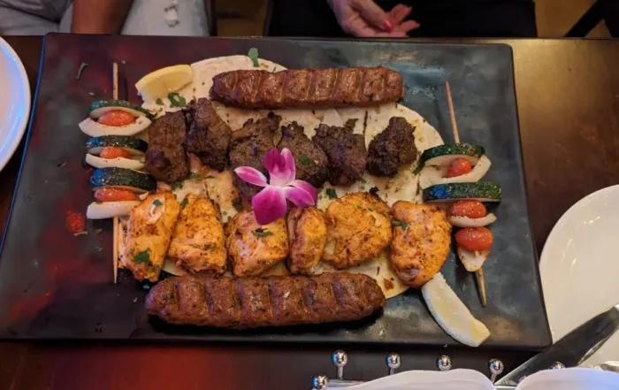 Mixed Grill Kabob Combination Platter of Fillet Mignon, Chicken & Kefta, Grilled Veggies