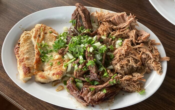 Pollo a la Planch, Lechon asado and Palomilla Stek