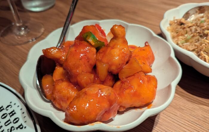 Sweet and sour chicken in a bowl