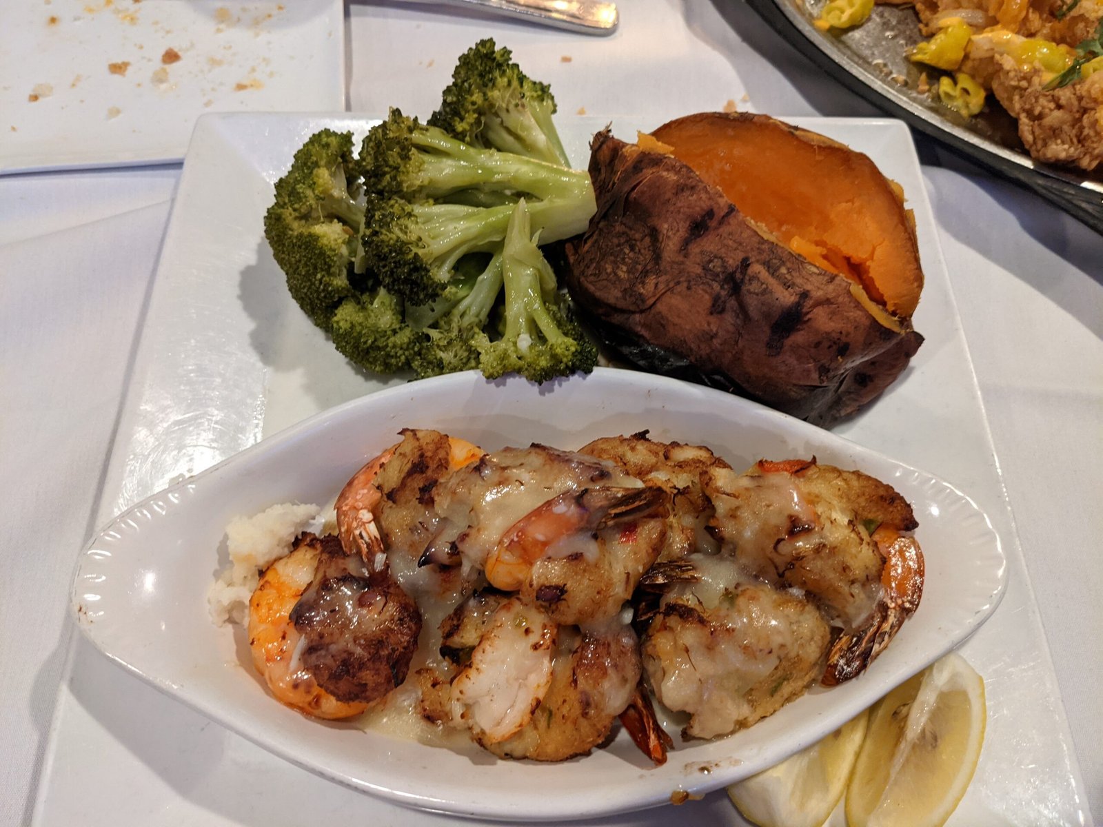 Crab Stuffed Shrimp with Steamed Broccoli and Sweet Potato