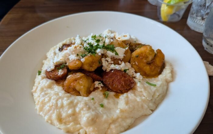 Shrimp, Grits, Feta and Sausage