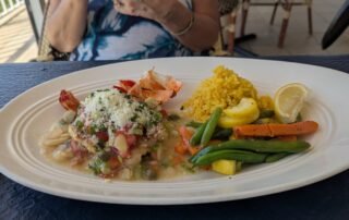 Lobster in a white sauce with rice and veg